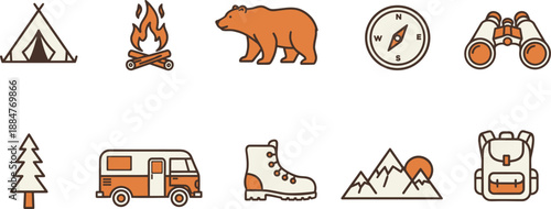 Set of camping and hiking icons with tent, campfire, bear, compass, binoculars, tree, camper van, boot, mountains, and backpack