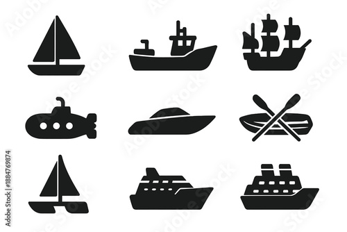 Seafaring Vessels Icons. Solid style icons of seafaring vessels: sailboat yacht, fishing boat galleon, submarine speedboat,