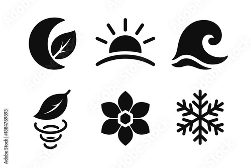 Natural Time Icons. Solid style icons of natural time metaphors: moon phase leaf, sun arc, tide wave, falling leaf spiral,