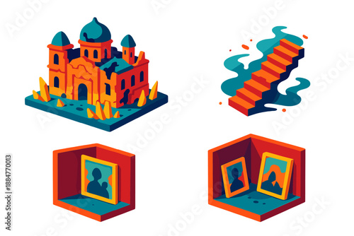 Forgotten Memories Architecture. Isometric vector illustration set Architectural Models of Forgotten Memories: decayed palace