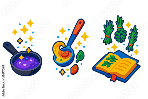 Magical Culinary Spells. Isometric vector illustration set Culinary Recipes as Magic Spells: floating frying pan with sparkling