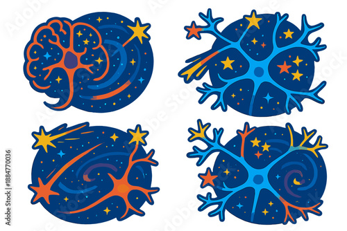 Galactic Neuron Galaxy. Isometric vector illustration set Galactic Maps for Neural Pathways: brain neurons forming a miniature