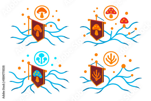 Bioluminescent Mycelium Network. Isometric vector illustration set Vexillology for Mycelium Network Clans: mushroom banners along