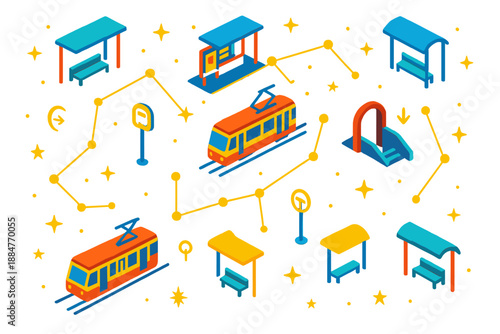Zodiac Transport Constellations. Isometric vector illustration set Public Transport Stops Constellating Zodiac: bus stops
