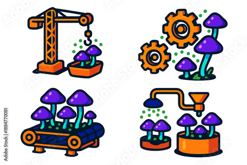 Clockwork Fungi Cultivation. Isometric vector illustration set Clockwork Mechanisms Cultivating Bioluminescent Fungi: miniature