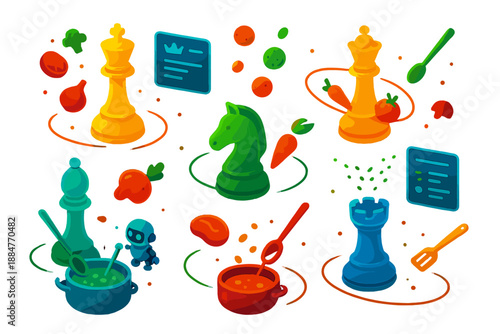 Chess Culinary Extravaganza. Isometric vector illustration set Chess pieces cooking recipes: floating glowing chess pieces