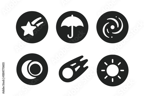 Celestial Safety Icons. Solid style round vector icons of programming and protection: code tag, binary, lock, lighthouse, light