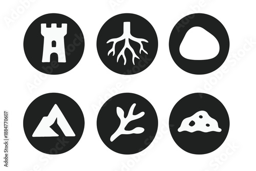 Grounded Strength Icons. Solid style round vector icons of grounded strength: tower, roots, stone, mountain, branch, soil No text,