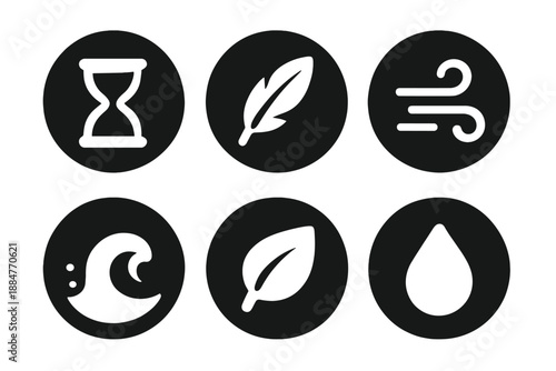 Gentle Motion Icons. Solid style round vector icons of gentle motion: sandglass, feather, breeze, wave, leaf, droplet No text, No