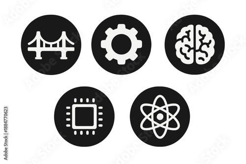 Tech Unity Icons. Solid style round vector icons of technological unity: bridge, gear, brain, signal wave, chip, orbit No text, No