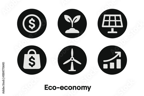 Eco-Economy Icons. Solid style round vector icons of eco-economy: coin, plant, solar panel, bag, wind turbine, growth arrow No