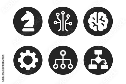Strategic AI Symbols. Solid style round vector icons of strategic AI: chess piece, circuit, brain, gear, network, algorithm flow