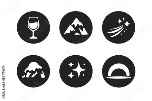 Elegant Icon Set. Solid style round vector icons of elegance and stability: glass, rock, snow cap, light trail, sparkle, arc No