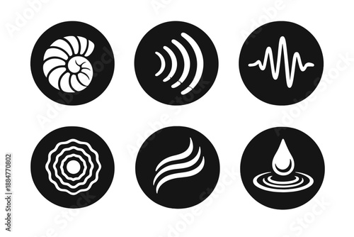 Acoustic Memory Icons. Solid style round vector icons of acoustic memory: shell, echo, vibration curve, aura, flow, drop No text,
