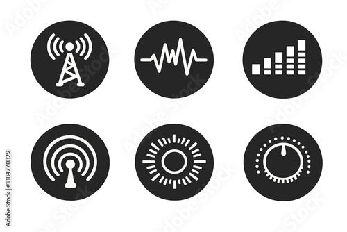 Audio Engineering Icons. Solid style round vector icons of audio engineering: tower, waveform, frequency bar, signal beam, pulse