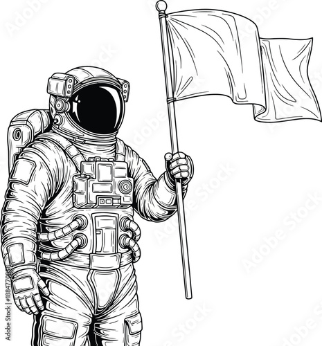 Astronaut in Space Suit Holding Flag.