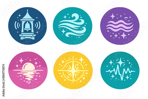 Mystical Resonance Icons. Solid style round vector icons of mystical resonance: towerbell, mist, wave line, reflection, aura,
