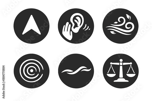 Calm Symbols Collection. Solid style round vector icons of focused calm: arrowhead, whisper, wind ring, echo, smooth line, balance