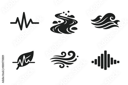 Natural Rhythm Icons. Solid style icons of natural rhythm: heartbeat line, flowing river, wave pattern, leaf pulse, wind swirl,