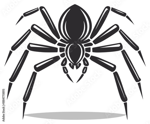 Silhouette illustration of a spider with sharp legs and menacing expression.