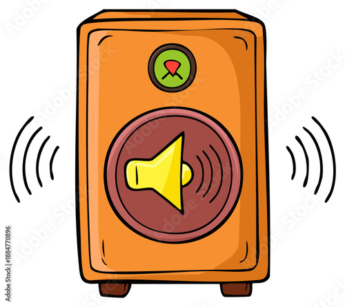 Vibrant orange cartoon loudspeaker emitting loud sound waves for music or audio illustration