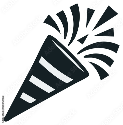 Party popper illustration, black and white celebratory icon