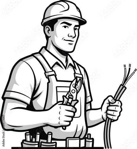 Electrician Working with Cable and Pliers.