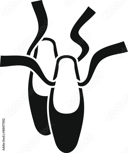 Black outline icon showing ballet pointe shoes with ribbons on a white background