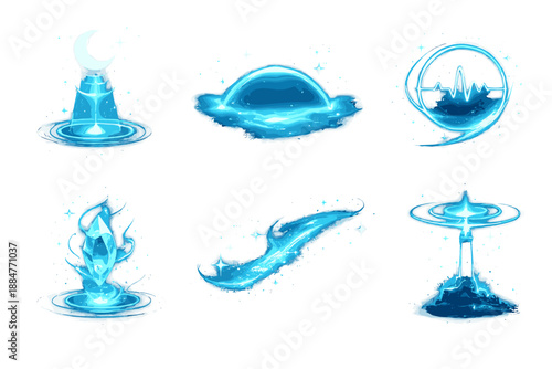 Ethereal Icon Collection. Solid style icons of ethereal connection: moonlight signal, horizon arc, pulse ring, spectral stone,