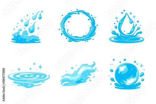 Icons of Purity. Solid style icons of purity in motion: raindust, circlepath, droplet ring, ripple flow, mist wave, glowing sphere