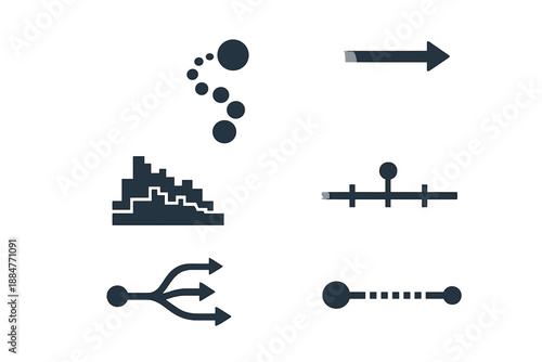 Stylized Motion Icons. Solid style icons of structured motion: dotted trail, straight beam, layered skyline, timeline mark,