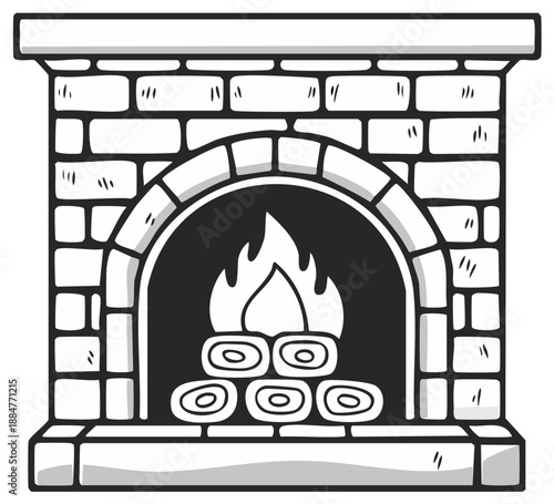 Cozy Brick Fireplace with Burning Logs Cartoon Style Vector Illustration Home Interior Detail Heating in Winter Season
