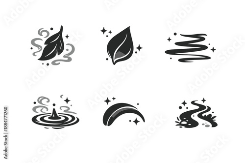 Ethereal Balance Icons. Solid style icons of Ethereal Balance: mist leaf, shadowed petal, floating line, airy ripple, soft arc,