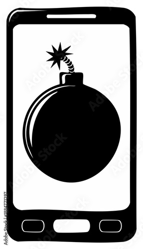 Smartphone Screen Displaying a Bomb Icon for Cyber Security Threat