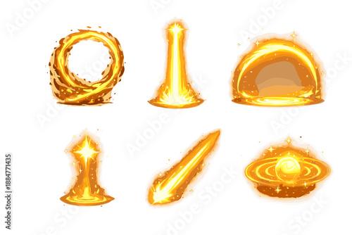 Rising Renewal Icons. Solid style icons of Rising Renewal: ash loop, sky beam, glowing arc, floating spark, radiant trail, soft