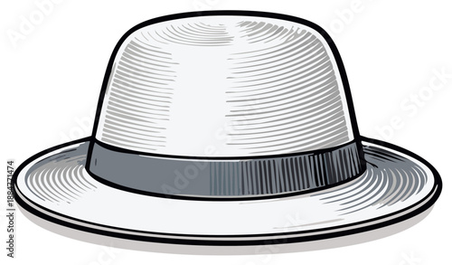 Illustrated gray and white hat with a ribbon band
