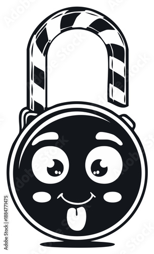 Whimsical padlock character with a funny face and striped shackle sticking out its tongue