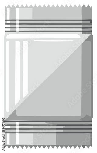 Blank silver sachet packet with serrated edges and horizontal stripes, mock up design element