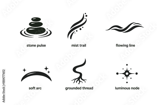 Calm Motion Icons. Solid style icons of Calm Motion: stone pulse, mist trail, flowing line, soft arc, grounded thread, luminous