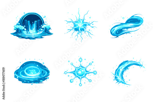 Fluid Energy Icons. Solid style icons of Fluid Energy: tide gate, spark root, flowing thread, luminous arc, soft pulse, radiant