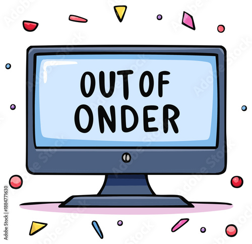 Cartoon Monitor Showing Out of Order Message with Confetti Decoration