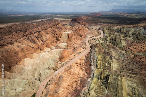 Cañón Arcoiris in Talampaya National Park, La Rioja, Argentina, showcasing vividly colored rock layers formed by ancient sedimentation and erosion in an arid desert landscape.