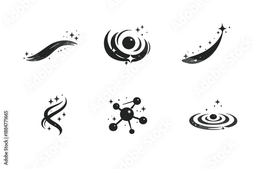 Gentle Memory Icons. Solid style icons of Gentle Memory: ash curve, echo flare, rising arc, soft thread, luminous node, glowing