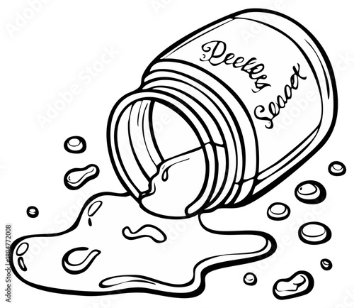 Hand drawn illustration of a spilled jar of liquid with droplets