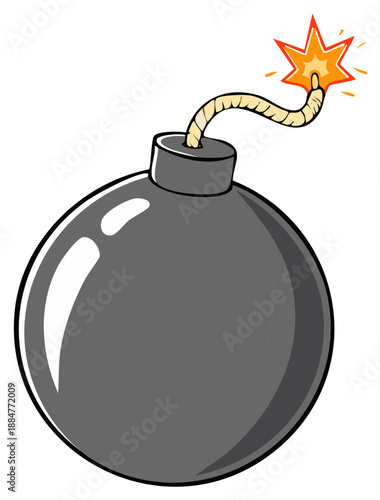 Classic cartoon bomb with burning fuse and explosive spark