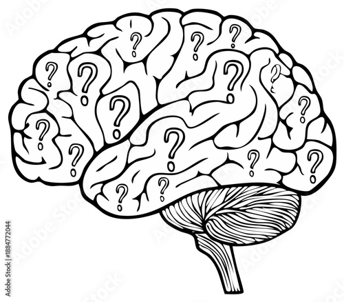 Illustration of a human brain with question marks filling its surface symbolizing confusion or inquiry
