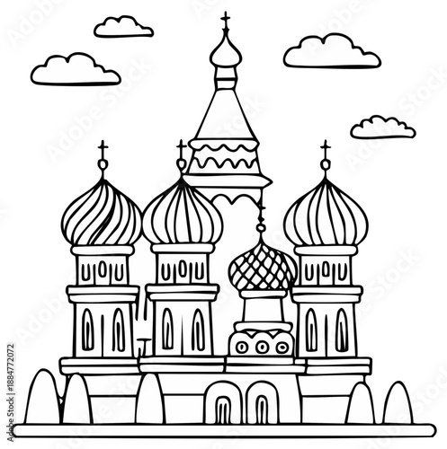 Cathedral Line Art: Russia's Iconic Landmark with Spirals and Cloud Outlines
