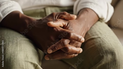Closeup of a person sitting with their hands clasped together in a contemplative pose on a couch