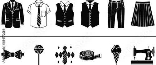 Vintage tailoring and fashion silhouettes set with suits, vests, skirts and sewing accessories, classic menswear and dressmaking icons in black vector style isolated on white background