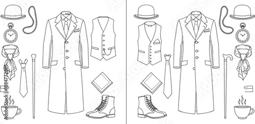 Vintage gentleman fashion illustration set with coat, vest, bowler hat, boots, pocket watch and accessories, classic men’s outfit line art collection isolated on white background